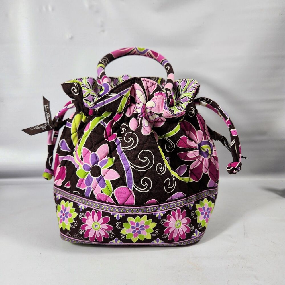 Vera Bradley Hannah Cinch Purse Brown Floral Handbag Purple Green Pink Flowers